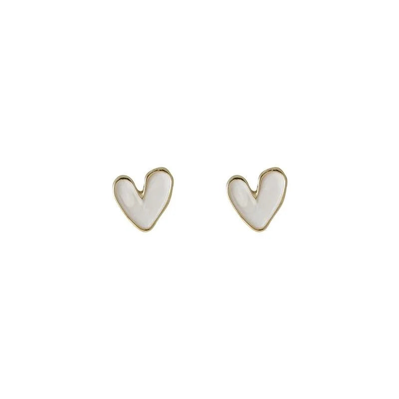 14K Plated Copper White Enamel Heart Stud Earrings Minimalist Summer Jewelry