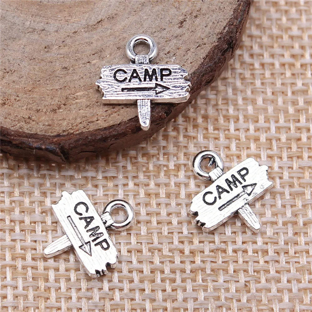 12x13mm 0.7g Antique Silver Zinc Alloy CAMP Camping Sign Letter Charm Pendant for DIY Outdoor Jewelry
