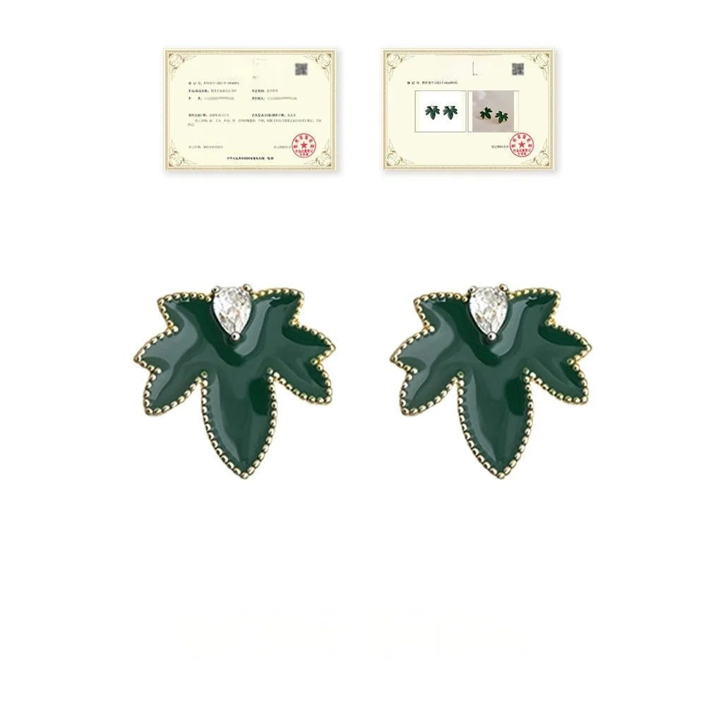 Original Green Enamel Maple Leaf Drop Earrings Copper Zircon Micro Pave Fresh Commute Jewelry