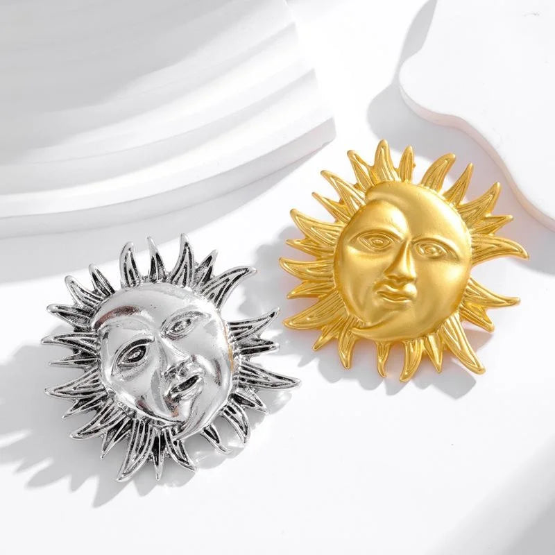 Elegant Gold Plated Alloy Sun Goddess Moon Face Brooch, Vintage Celestial Lapel Pin For Suit Accessory