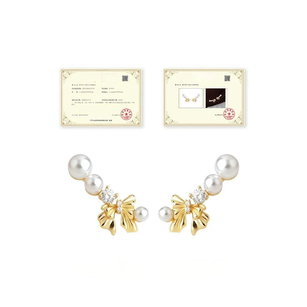 French Vintage Bow High Luster Pearl Drop Earrings With Zircon Inlaid Copper