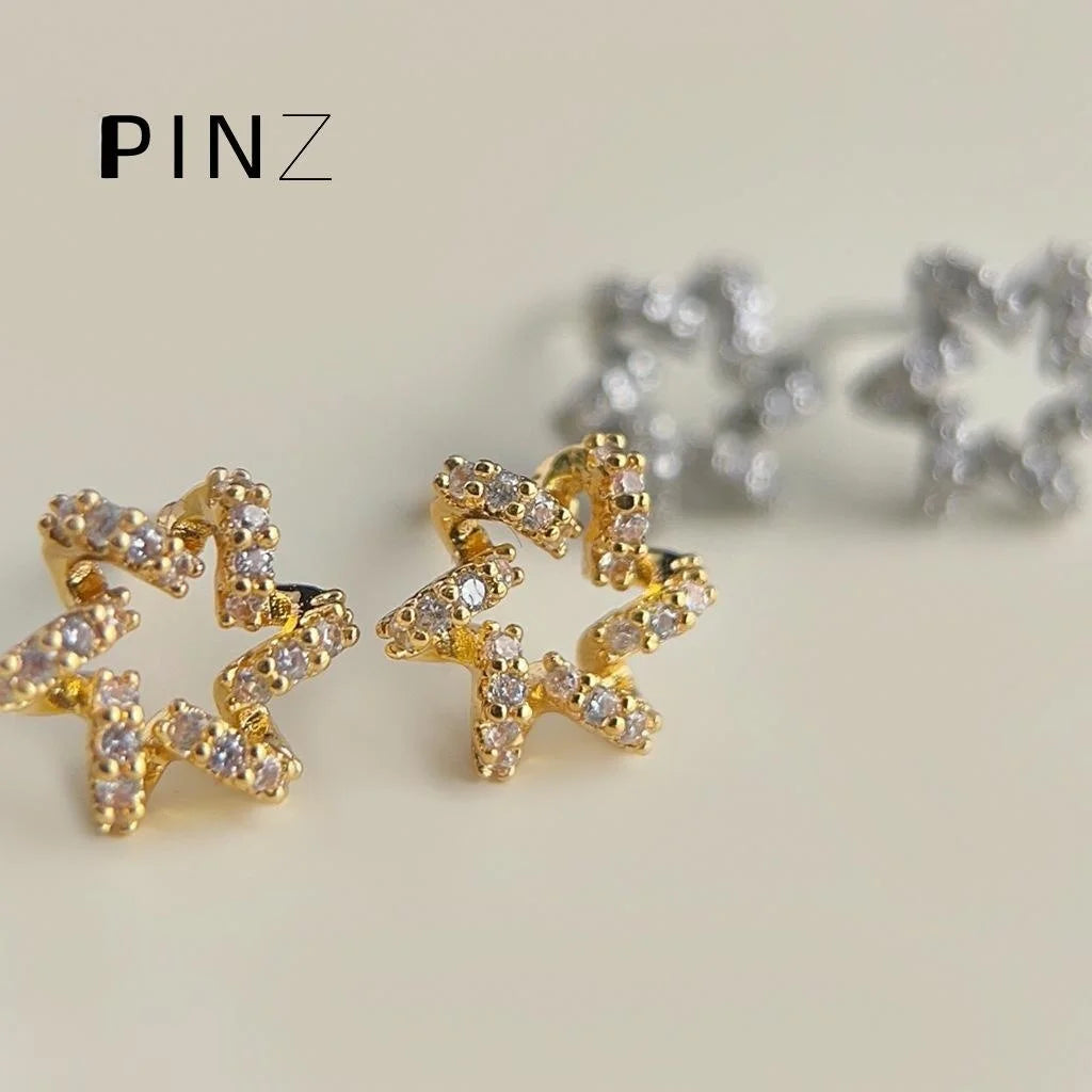 Premium 18K Gold Plated Copper Star Stud Earrings With Micro Pave Zircon Hollow Floral Design