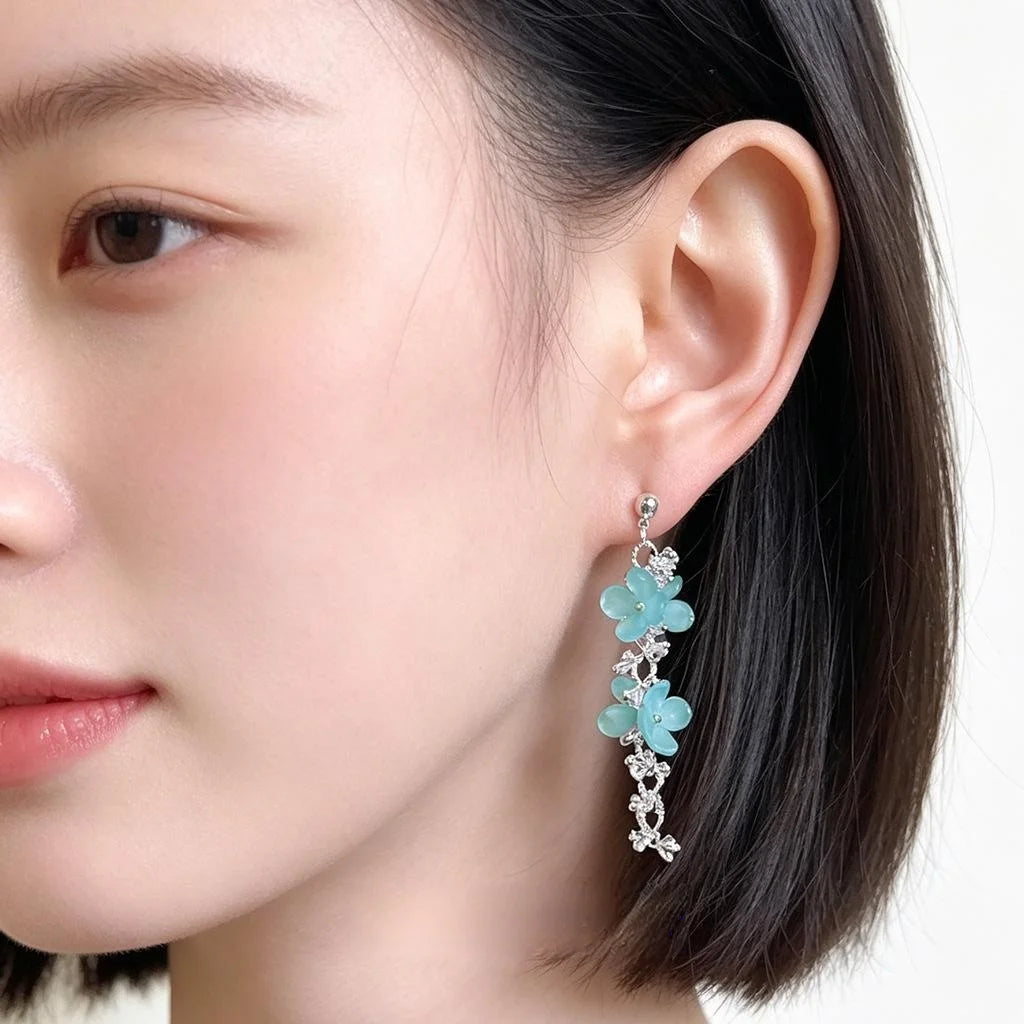 Blue Glass Crystal Flower Drop Earrings Vacation Style Statement Floral Jewelry