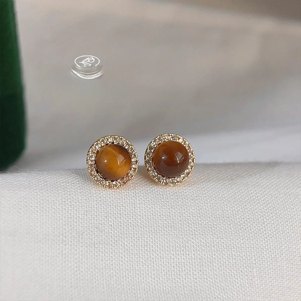 14K Gold Plated Copper Tiger Eye Zircon Round Geometric Stud Earrings Old Money Style