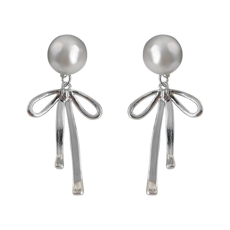 Niche Designer Bow Pearl Drop Earrings Copper Two Way Wear Fashion Jewelry