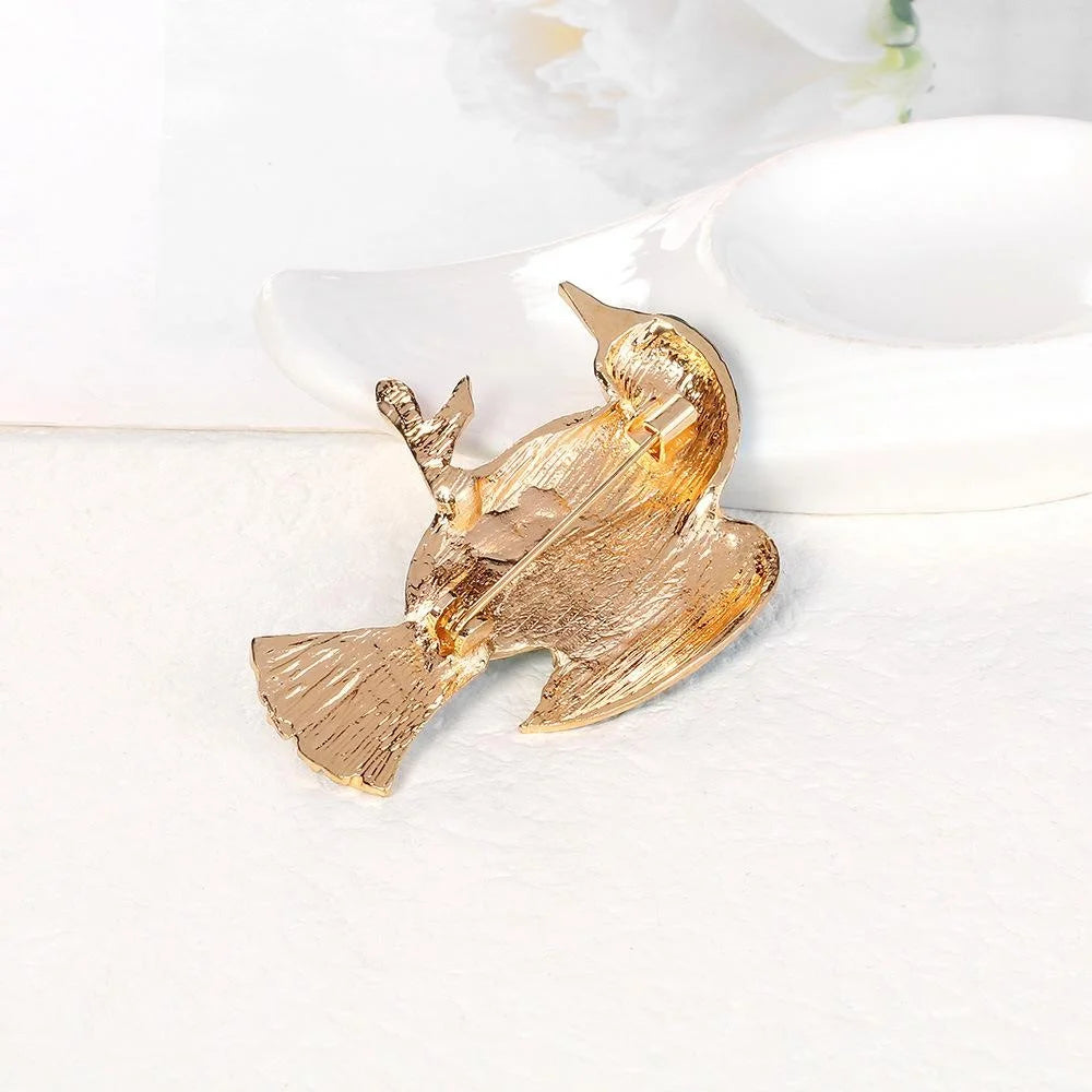 Elegant Enamel Bird Brooch With Rhinestone Eye, Gold Tone Alloy Animal Lapel Pin Scarf Corsage Gift