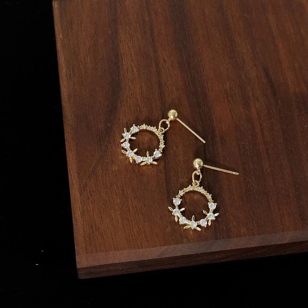 French Vintage Copper Micro Pave Zircon Floral Wreath Drop Earrings Romantic Court Style
