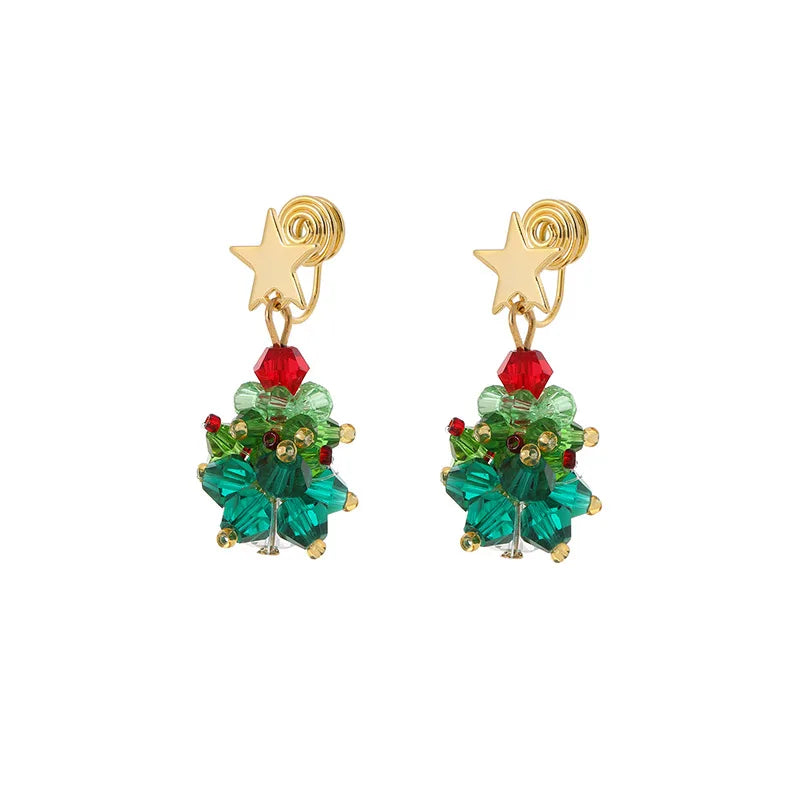 Elegant 3D Christmas Tree Star Crystal Bead Alloy Stud & Clip On No Piercing Holiday Drop Earrings