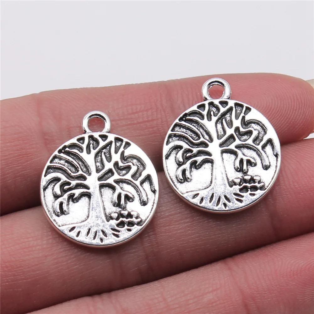 20x24mm 2.4g Antique Silver Zinc Alloy Round Tree Double Sided Charm Pendant for DIY Necklace Bracelet Making