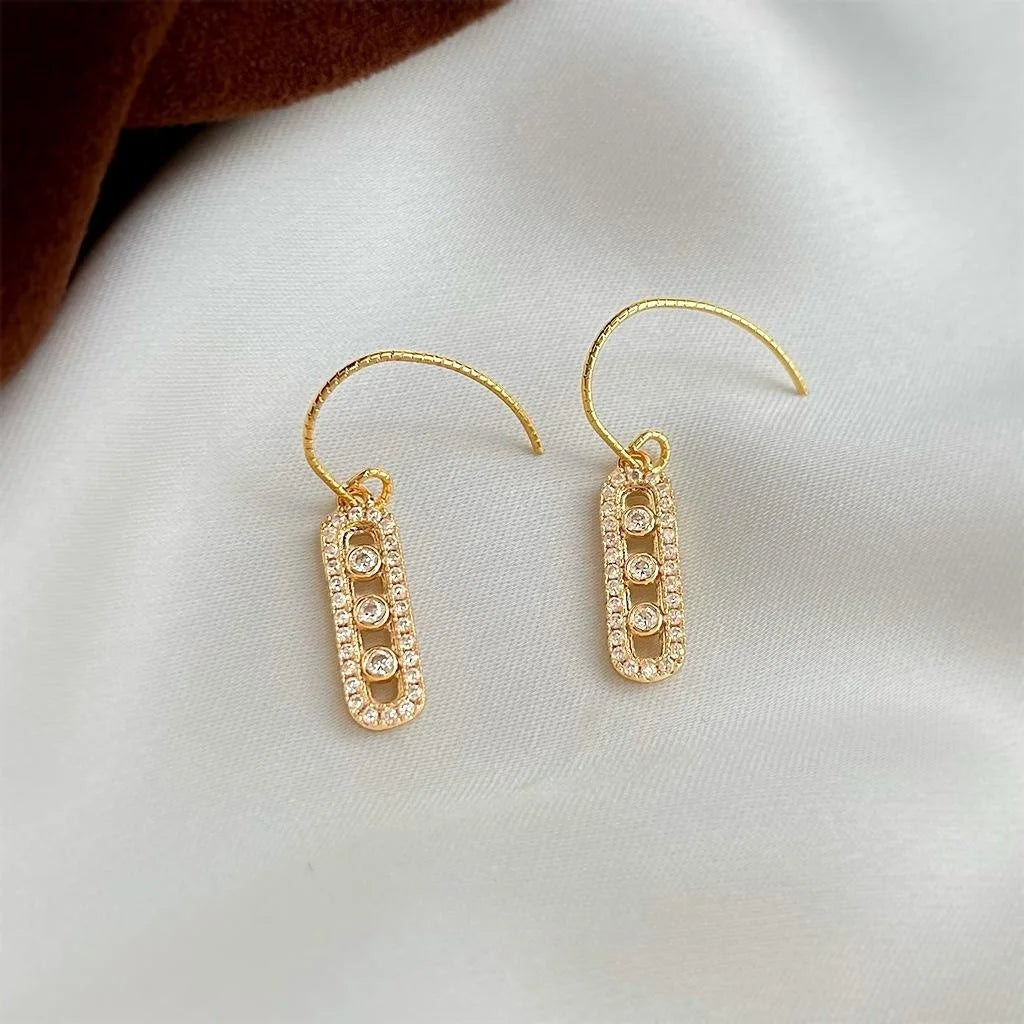 Minimalist French Geometric Oval Bar Zircon Micro Pave Eco Copper Drop Earrings