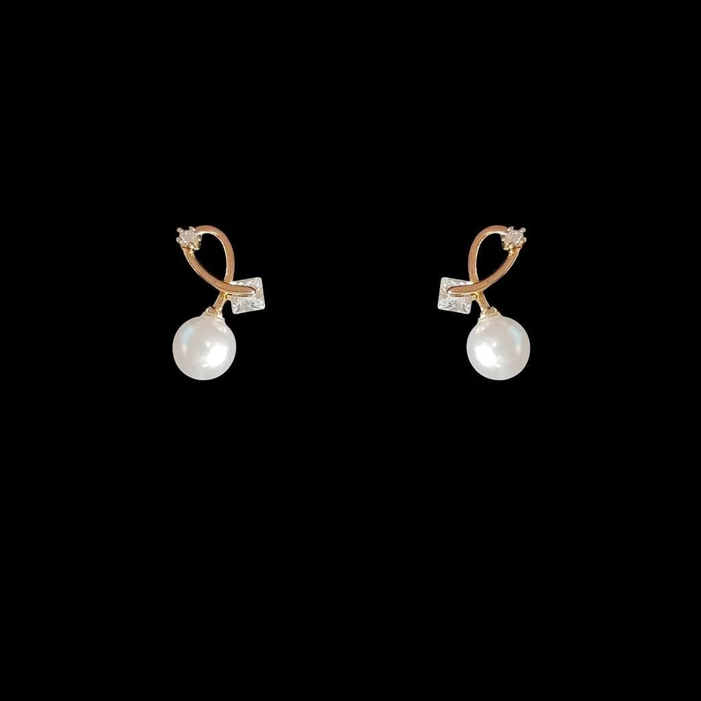 Korean Japanese Irregular Geometric Copper Stud Earrings With Cross Pearl Zircon Design