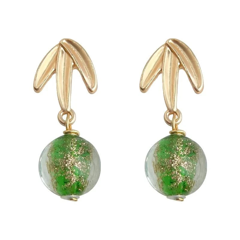 New Chinese Style Green Glass Bamboo Leaf Drop Earrings Handmade Vintage Women Jewelry