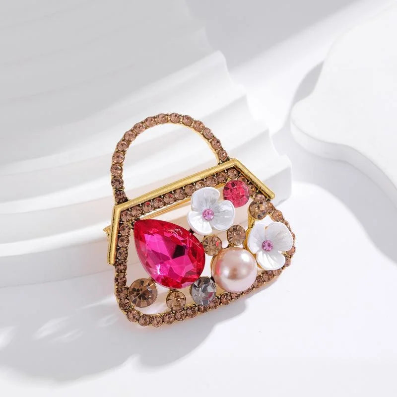 Vintage Handbag Brooch With Pink Rhinestones, Faux Pearl And Mother Of Pearl Flowers, Elegant Lapel Pin Gift