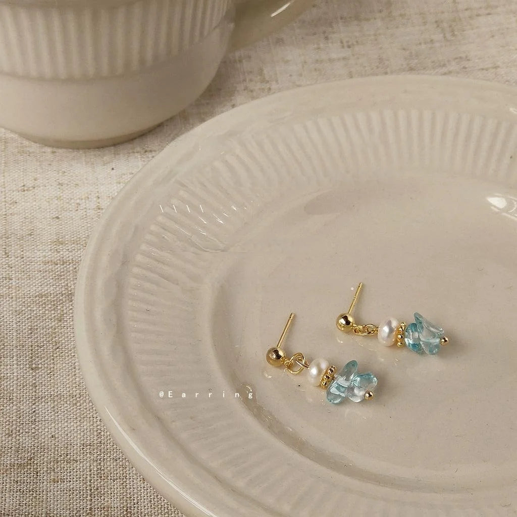 Handmade Aquamarine Chip Freshwater Pearl Stud Earrings 14K Gold Plated Geometric Jewelry
