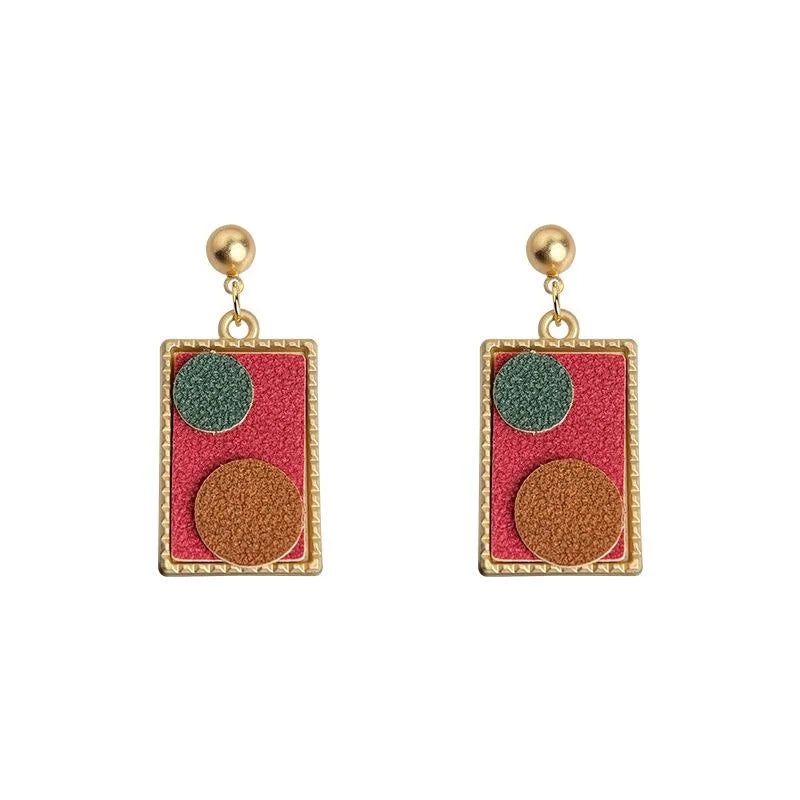 Vintage PU Leather Geometric Drop Earrings With Matte Plated Rectangle And Circle Design