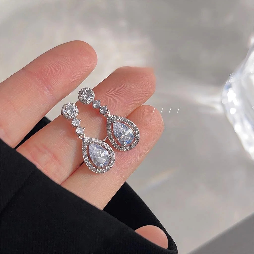Elegant Long Teardrop Drop Earrings Micro Pave Zircon Copper Evening Jewelry