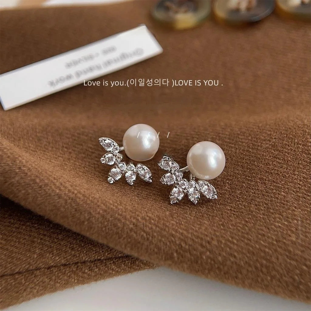 Micro Pave Zircon Leaf Flower Copper Glass Pearl Drop Earrings Two Way Luxury Style