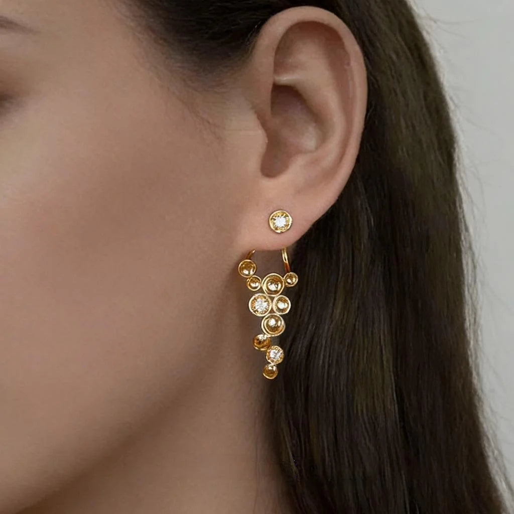 14K Plated Copper Micro Pave Zircon Geometric Round Two Way Drop Earrings