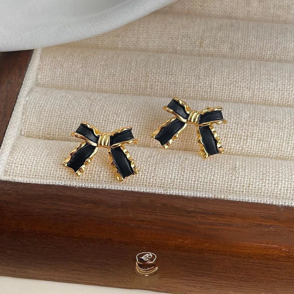 French Vintage 14K Gold Plated Copper Bow Stud Earrings With Enamel Drip Oil Design