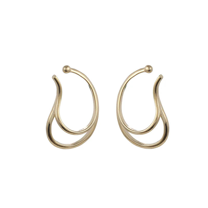 Elegant Gold Alloy Double Hoop Ear Cuff Wrap Stud & Clip On No Piercing French Minimalist Earrings