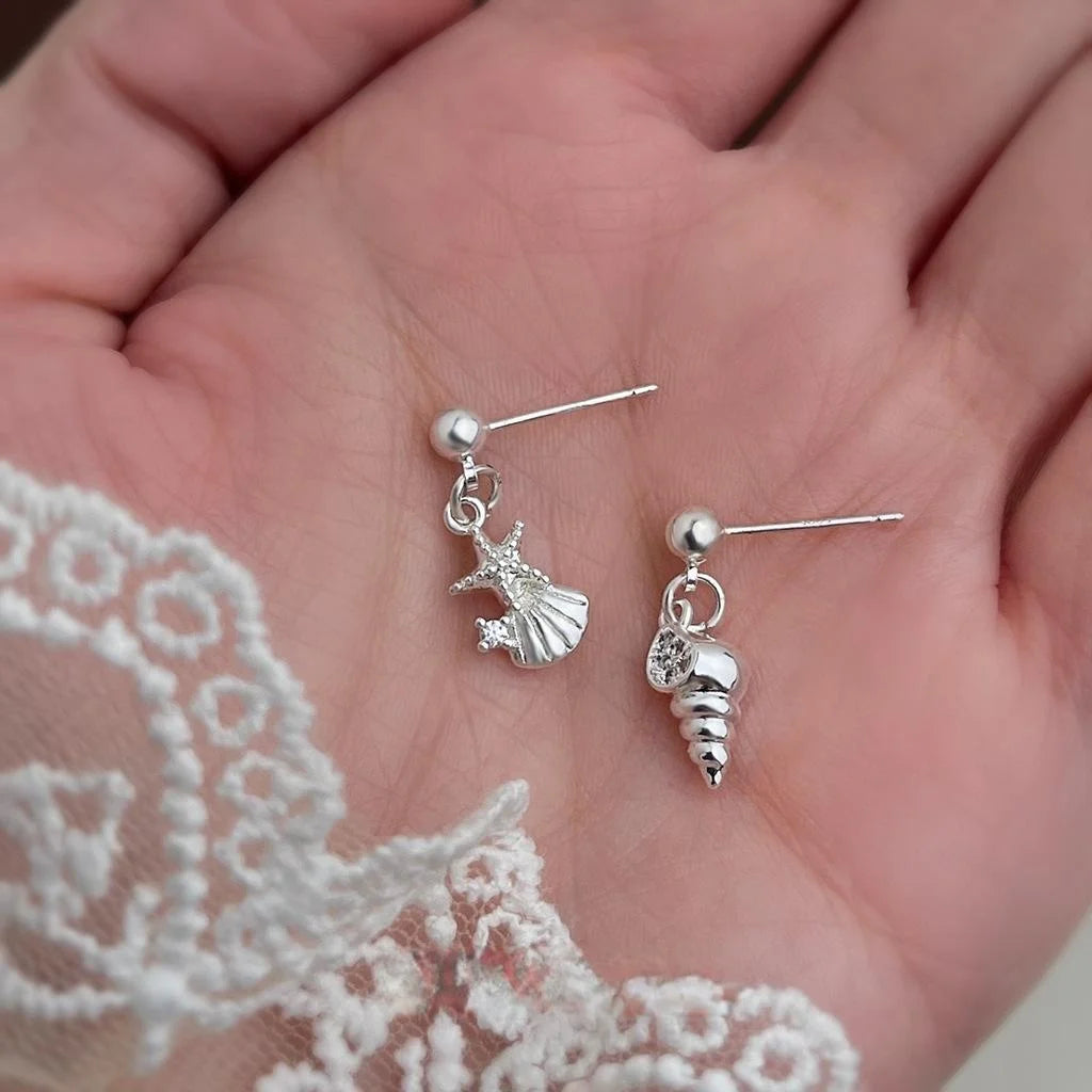 Cute Fresh Copper Asymmetric Seashell Starfish Drop Earrings For Women
