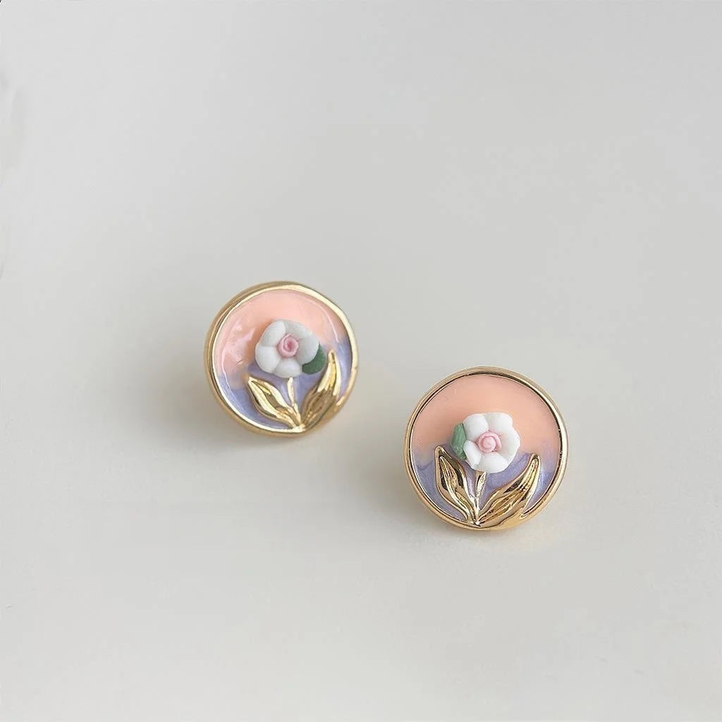 14K Gold Plated Copper Ceramic Geometric Flower Stud Earrings Fresh Sweet Enamel Style