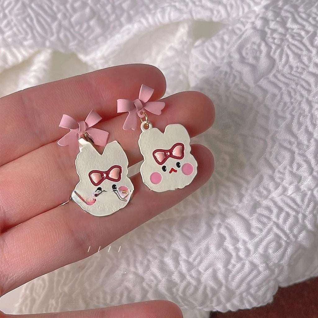Cute Enamel Bunny Bow Stud Earrings Silver Plated Pin Alloy Sweet Fashion Ear Jewelry