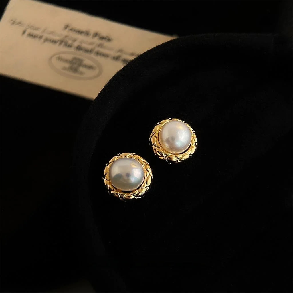 14K Plated Copper Freshwater Pearl Stud Earrings Round Geometric Minimalist Luxury Jewelry
