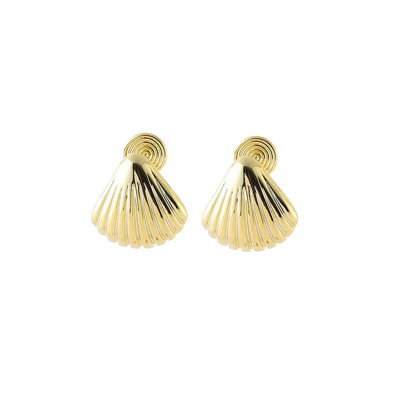 Elegant Gold Alloy Seashell Fan Spiral Disc Stud & Clip On No Piercing Statement Fashion Earrings
