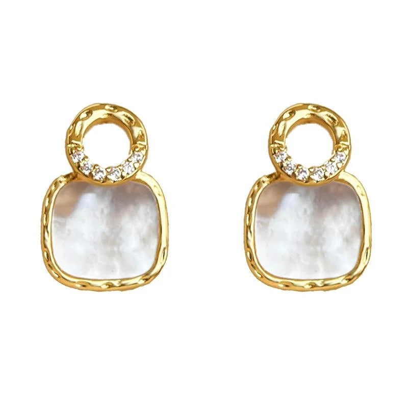 Premium 14K Gold Plated Copper Geometric Hollow Shell Zircon Stud Earrings