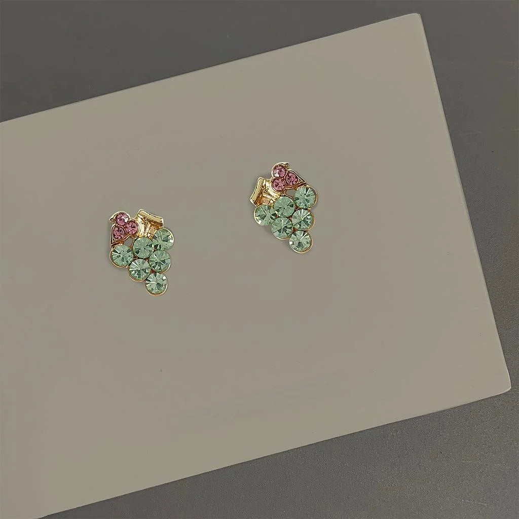 Cute Grape Rhinestone Stud Earrings 14K Plated Sweet Fruit Jewelry