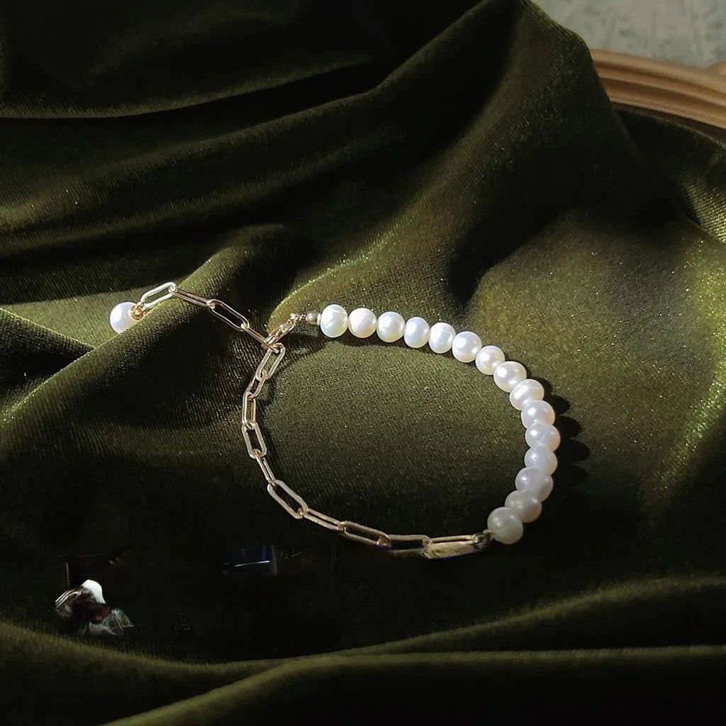 French Light Luxury Freshwater Pearl 14K Gold Plated Copper Handmade Geometric Bracelet