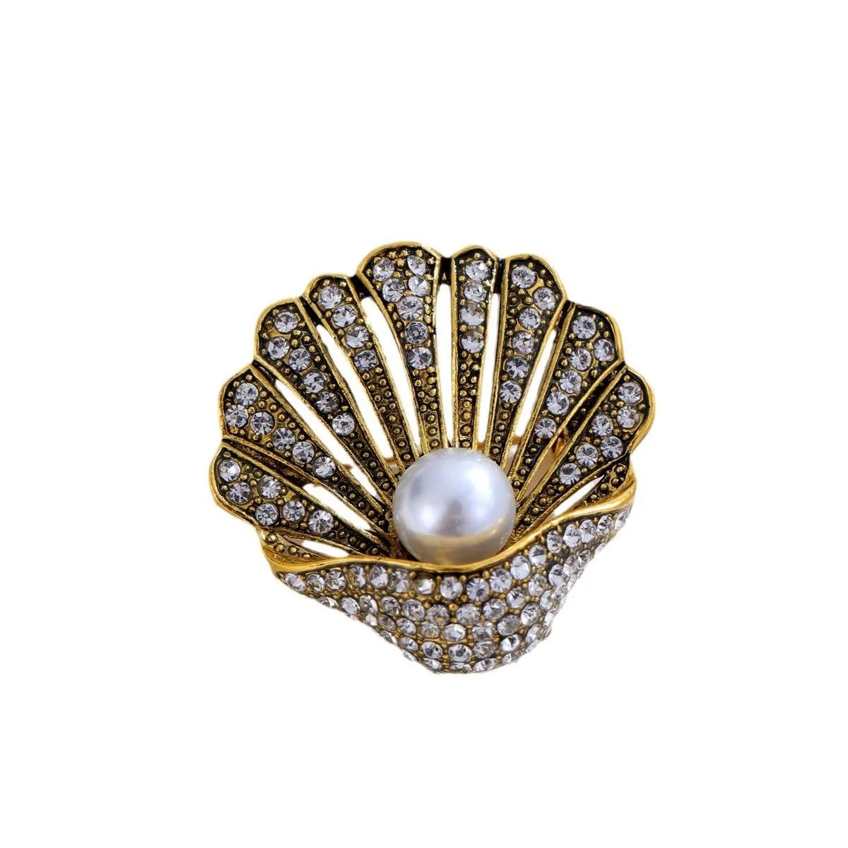 Vintage Rhinestone Shell Brooch With Faux Pearl, Elegant Gold Tone Lapel Pin Suit Accessory Gift