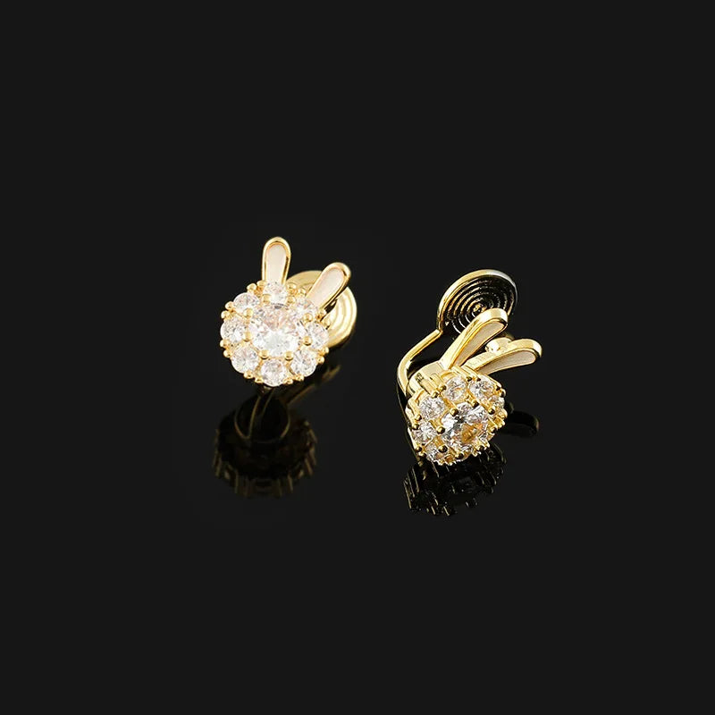 Elegant Zircon Rabbit Bunny Stud & Clip On No Piercing Gold Alloy Sweet Rotatable Ear Cuff Earrings