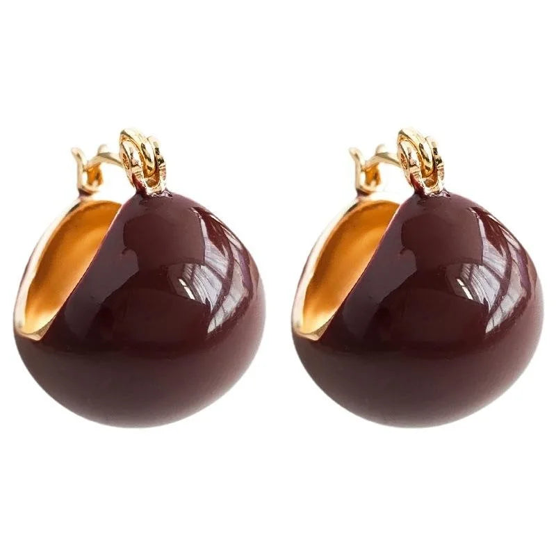 Vintage Wine Red Enamel Round Bean Copper Stud Earrings Light Luxury Hong Kong Style Jewelry