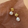 14K Gold Plated Copper Baroque Freshwater Pearl Geometric Drop Earrings Handmade Wrinkle Design