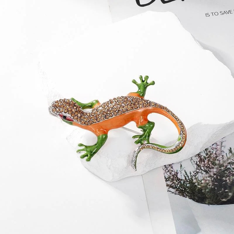 Luxury Enamel Gecko Lizard Brooch With Champagne Rhinestones, Elegant Lapel Pin Corsage Suit Accessory