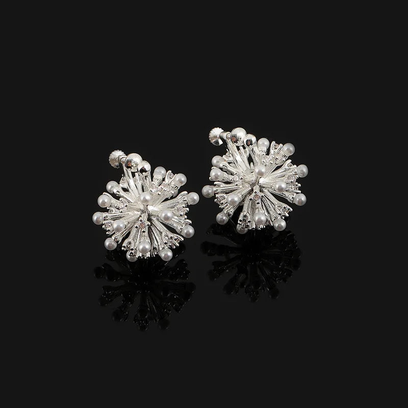 Elegant Silver Alloy Zircon Pearl Firework Stud & Clip On No Piercing Metal Ball Burst Earrings