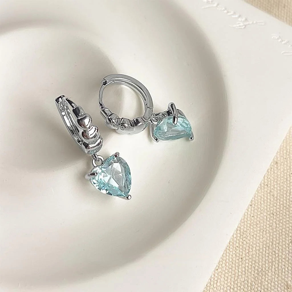 Sweet Cool Aquamarine Heart Zircon Copper Drop Earrings Handmade Geometric Designer Jewelry
