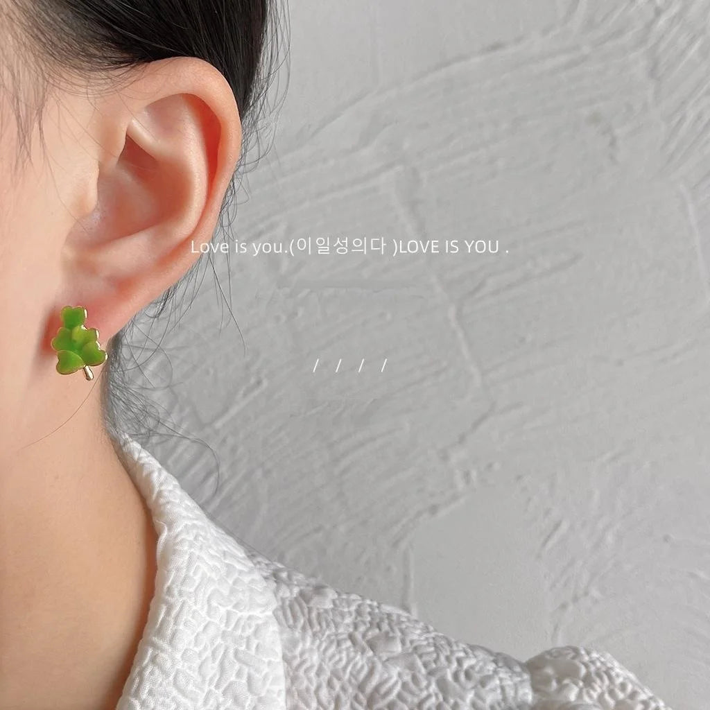 Fresh Forest Style Copper Enamel Heart Leaf Flower Stud Earrings for Women