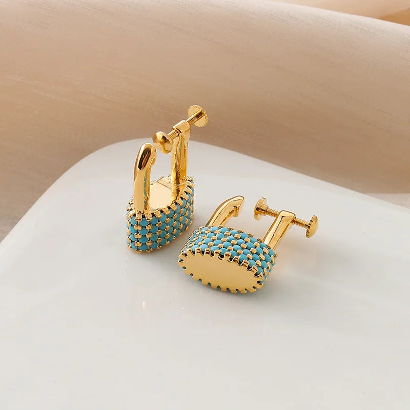 Elegant Luxury Turquoise Pave Padlock Hoop Alloy Stud & Clip On No Piercing Screw Back Earrings