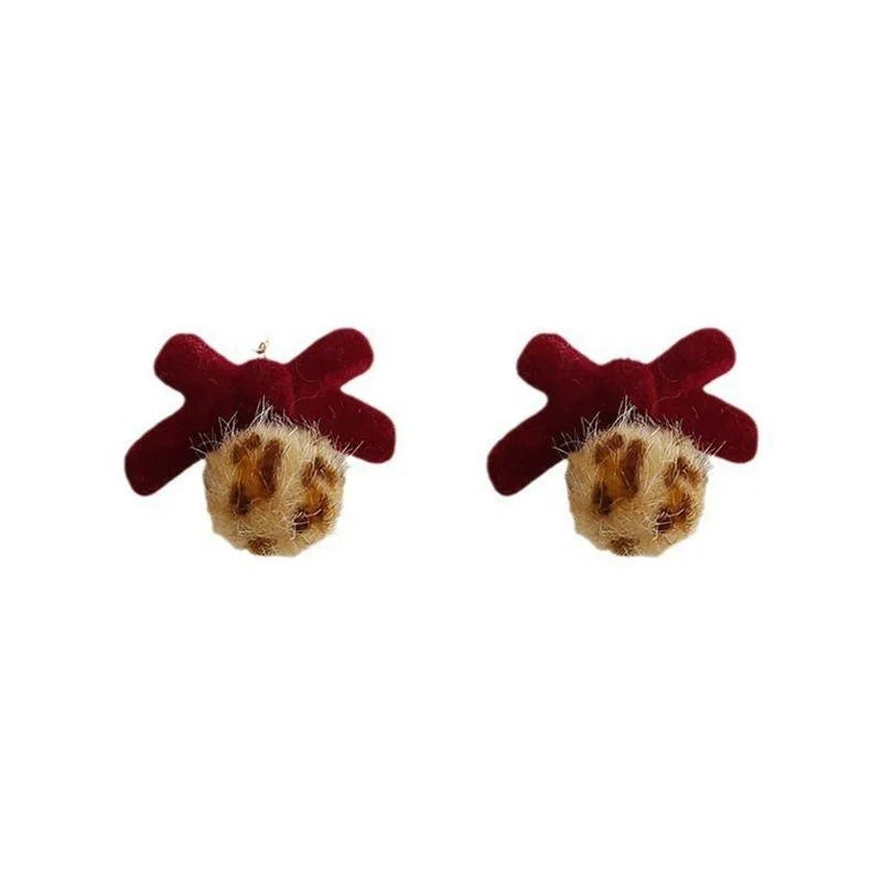 Burgundy Flocked Bow Drop Earrings With Silver Plated Posts Simple Korean Style Pom Pom Jewelry