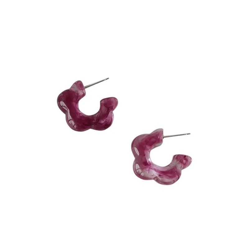 Silver Plated Grape Purple Resin C-Shaped Stud Earrings For Women Elegant Jewelry