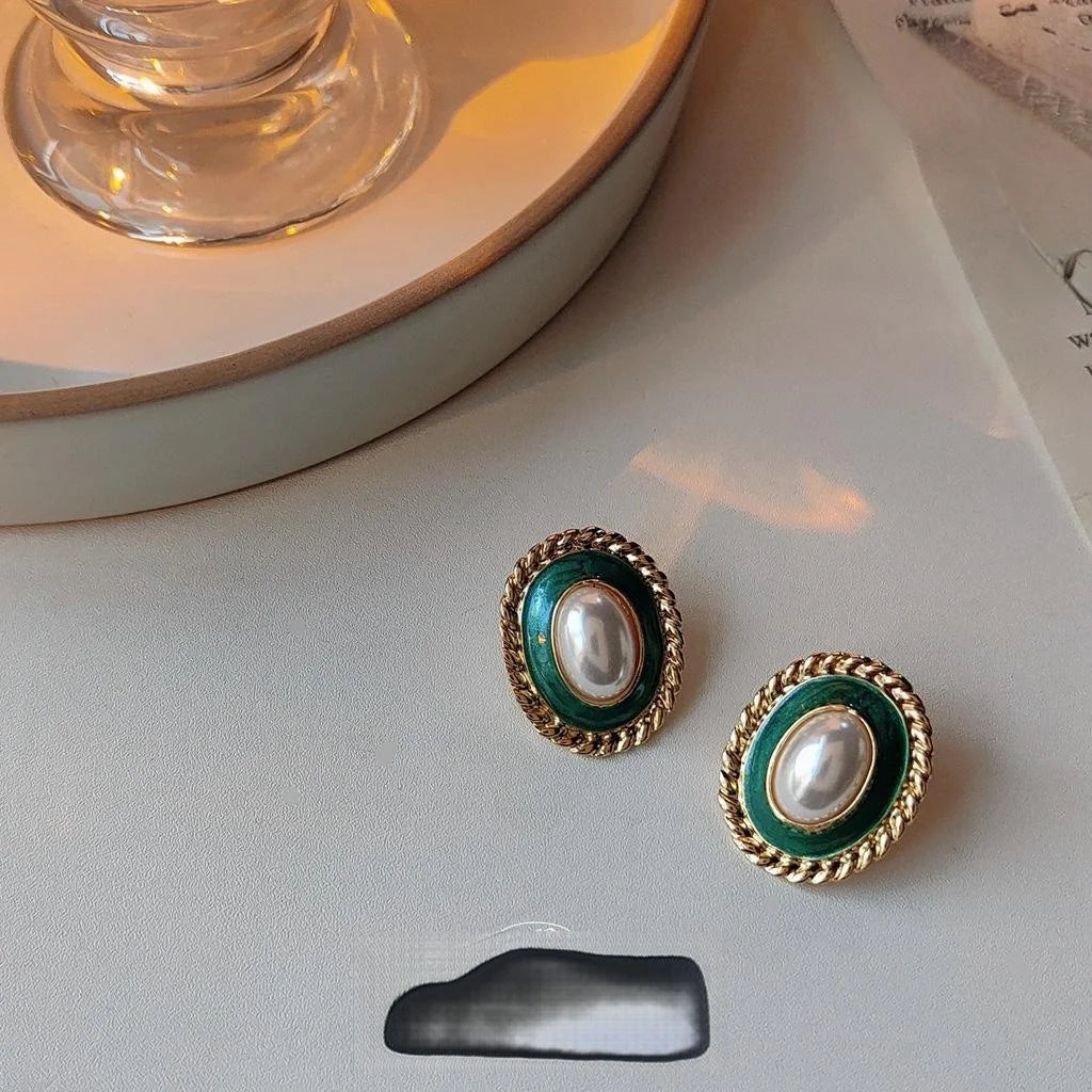 French Court Vintage Oval Enamel Pearl Copper Stud Earrings With Silver Plated Posts