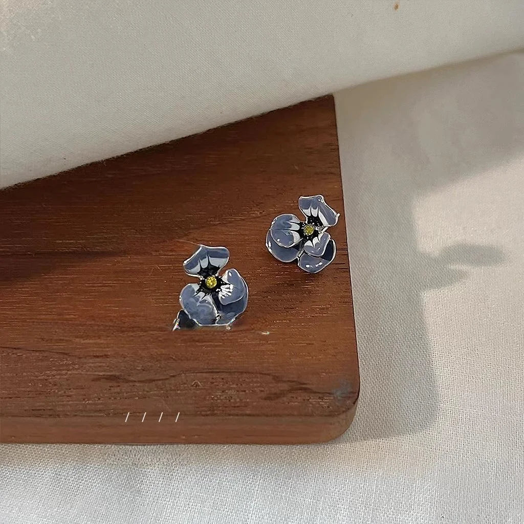 Copper Enamel Glazed Flower Stud Earrings With Silver Plated Pins Korean Japanese Vintage Style