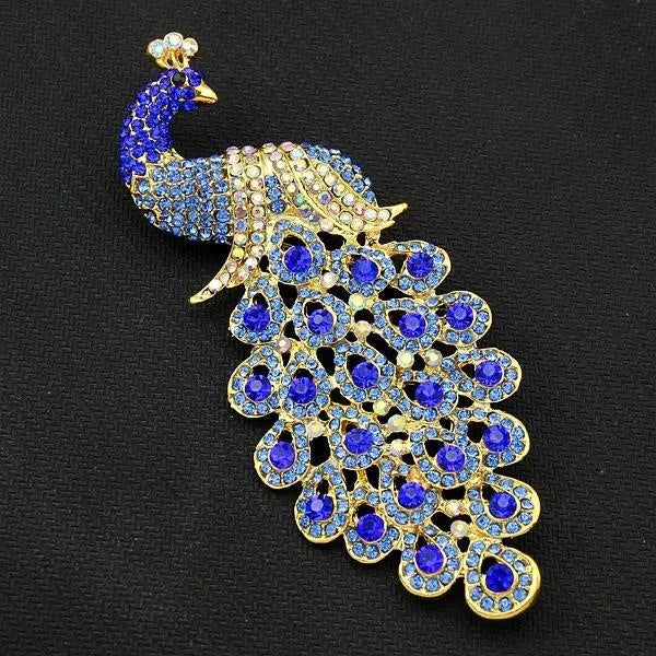 Oversized Royal Blue Rhinestone Peacock Brooch, Luxury Alloy Crystal Lapel Pin Corsage Suit Accessory Gift
