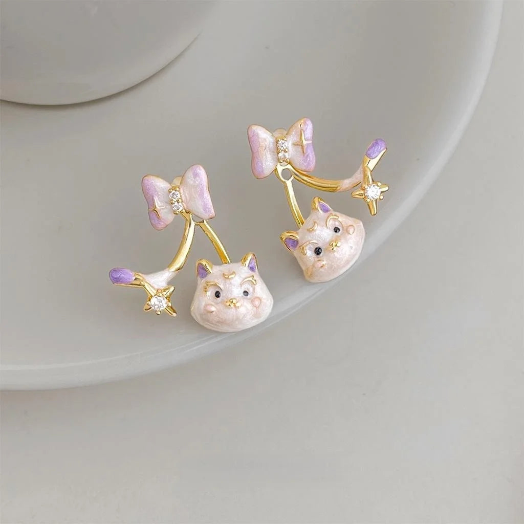 Cute Enamel Lucky Cat Bow Drop Earrings, Copper Zircon Painted Jewelry