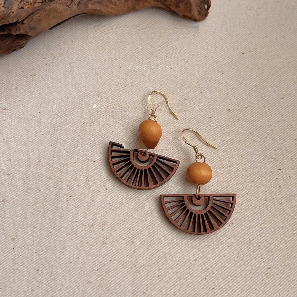 Vintage New Chinese Style Handmade Fan Shaped Copper Drop Earrings With Silver Plated Pins