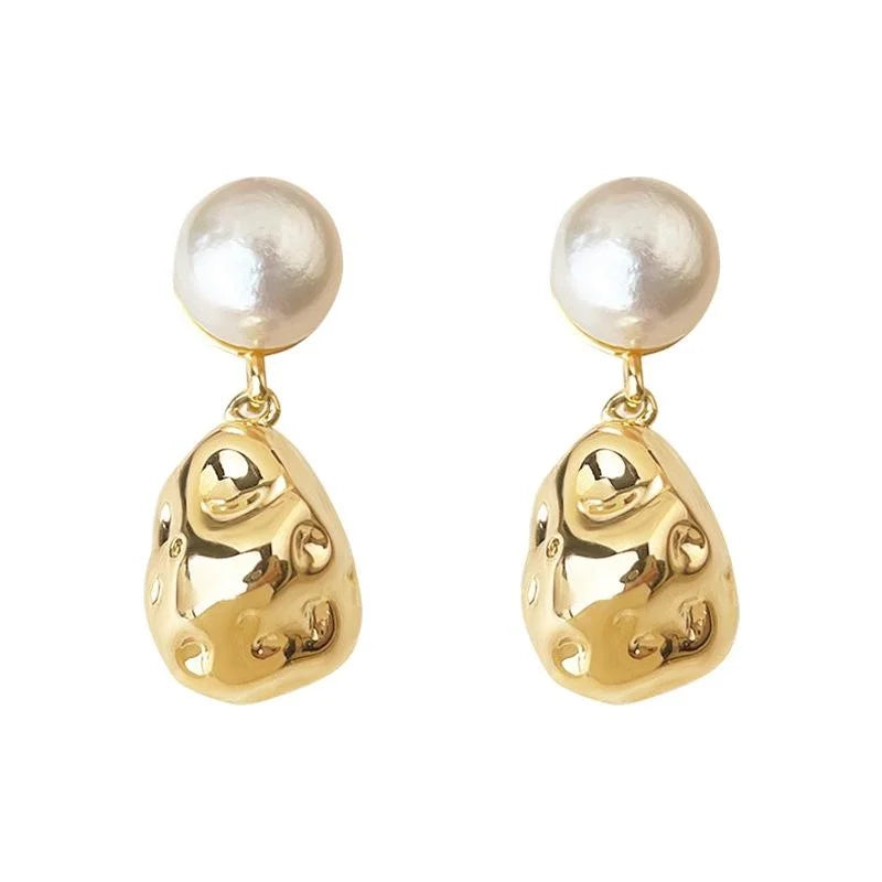 Vintage Freshwater Pearl 14K Gold Plated Copper Irregular Geometric Drop Earrings