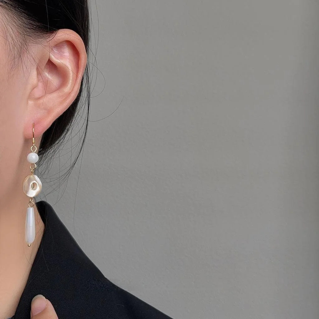New Chinese Style Real Shell Geometric Line Handmade Long Drop Earrings With Silver Plated Pins